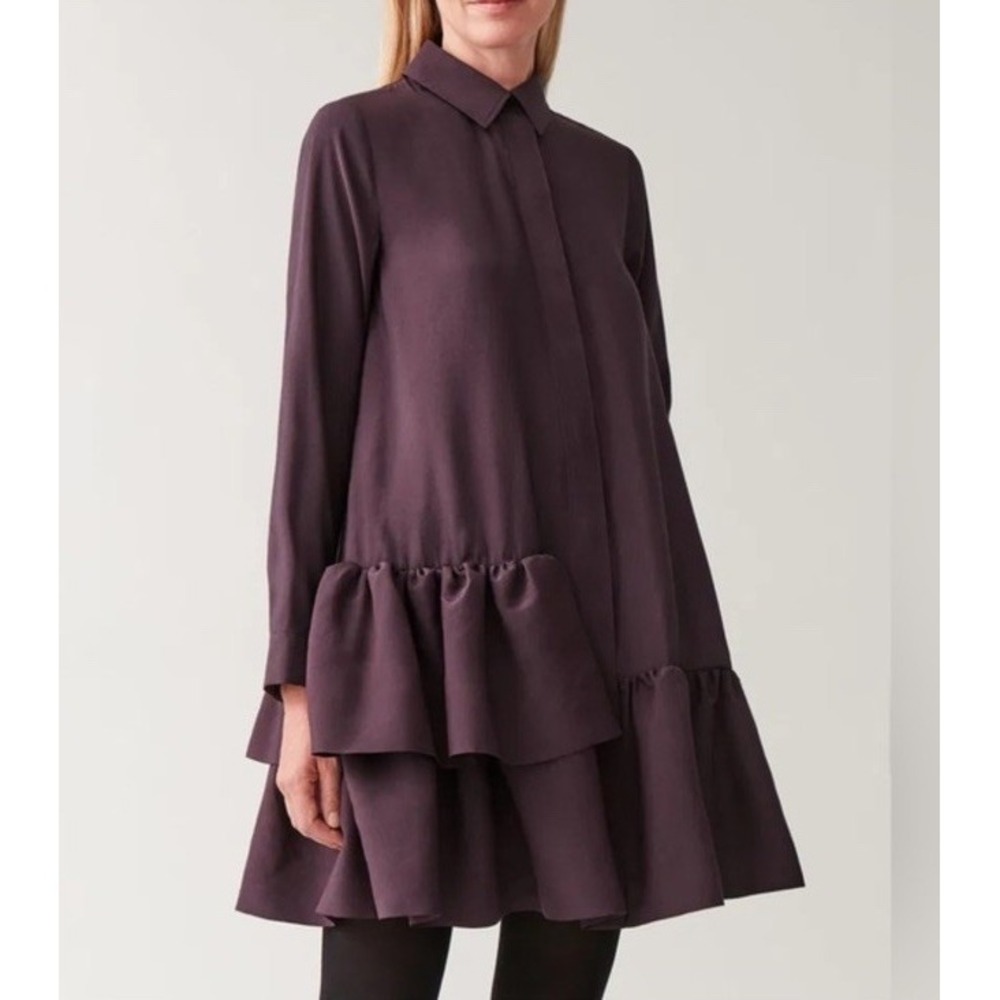 COS Frilled Shirt Dress Ruffle-Hem Pockets Long Sleeve Eggplant Size‎ 2